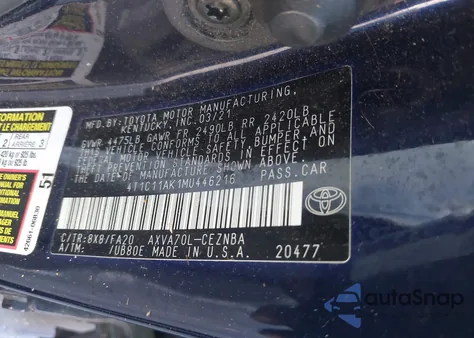 2021 Toyota Camry Le from USA, damaged, VIN 4T1C11AK1MU446216